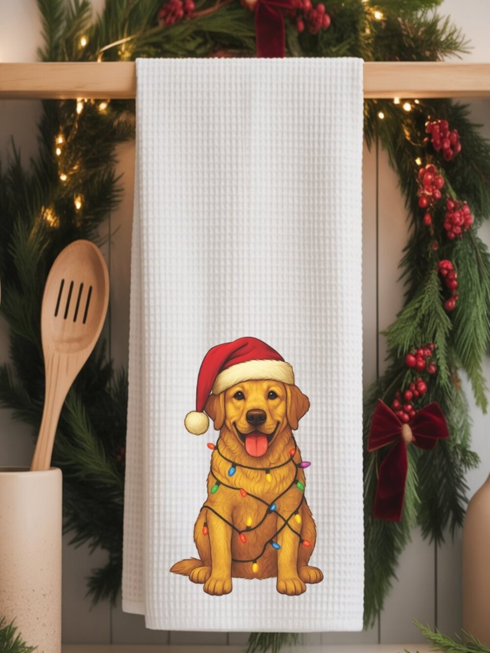 Yellow Labrador Retriever Christmas Lights Decorative Kitchen Tea Towel